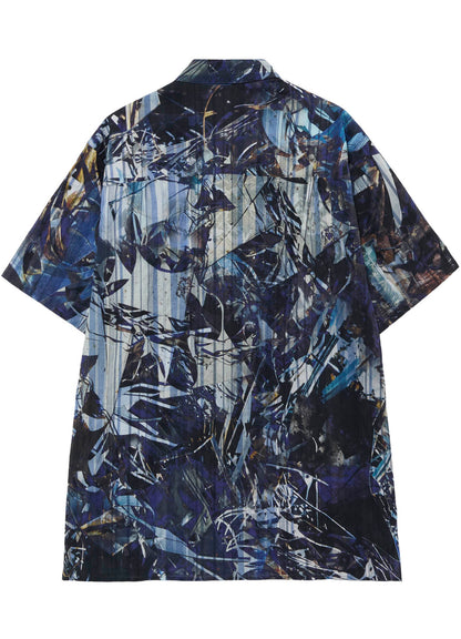 BLUE SCRAP PATTERN PRINTED SHORT SLEEVE BLOUSE