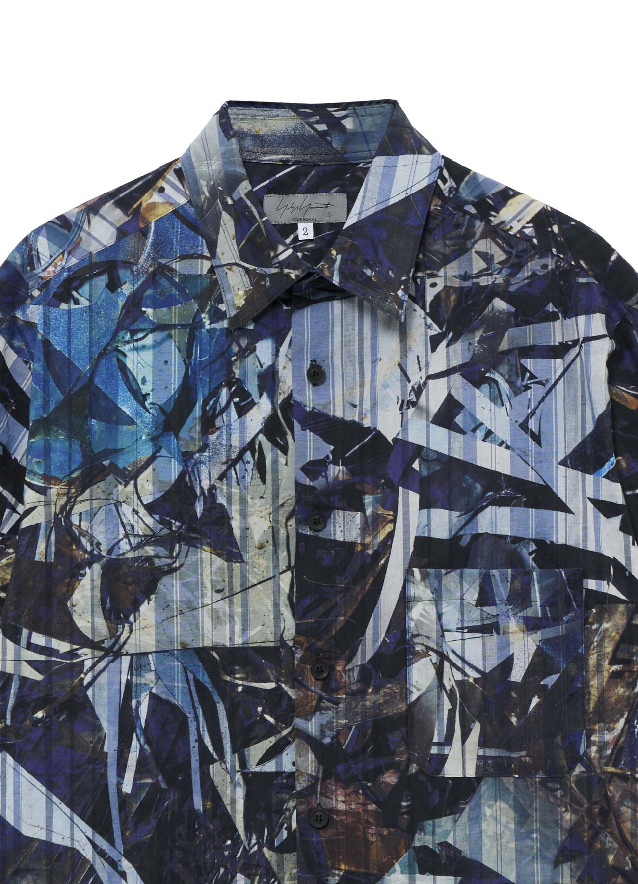 BLUE SCRAP PATTERN PRINTED SHORT SLEEVE BLOUSE