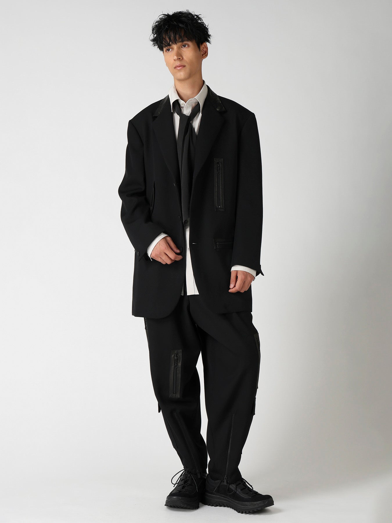 LEATHER ARMY GABARDINE PANEL ZIP JACKET