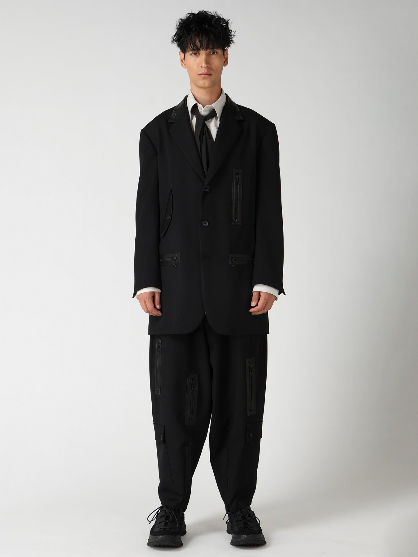 LEATHER ARMY GABARDINE PANEL ZIP JACKET