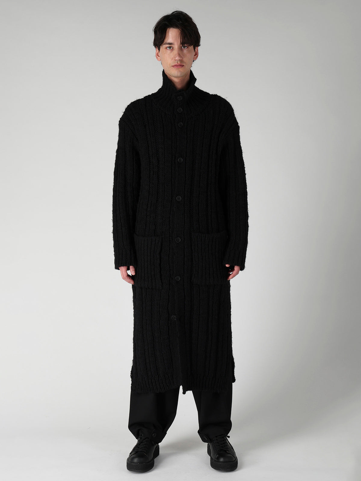 3G 1PLY RANDOM RIB HIGH NECK LONG CARDIGAN