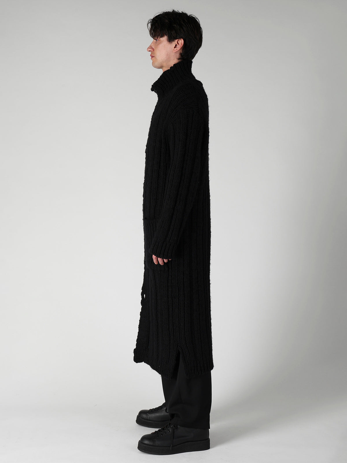 3G 1PLY RANDOM RIB HIGH NECK LONG CARDIGAN