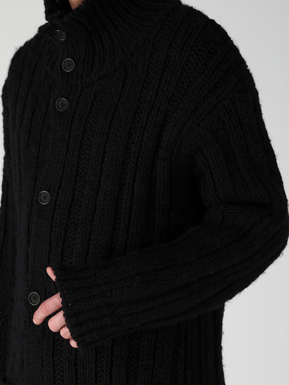 3G 1PLY RANDOM RIB HIGH NECK LONG CARDIGAN