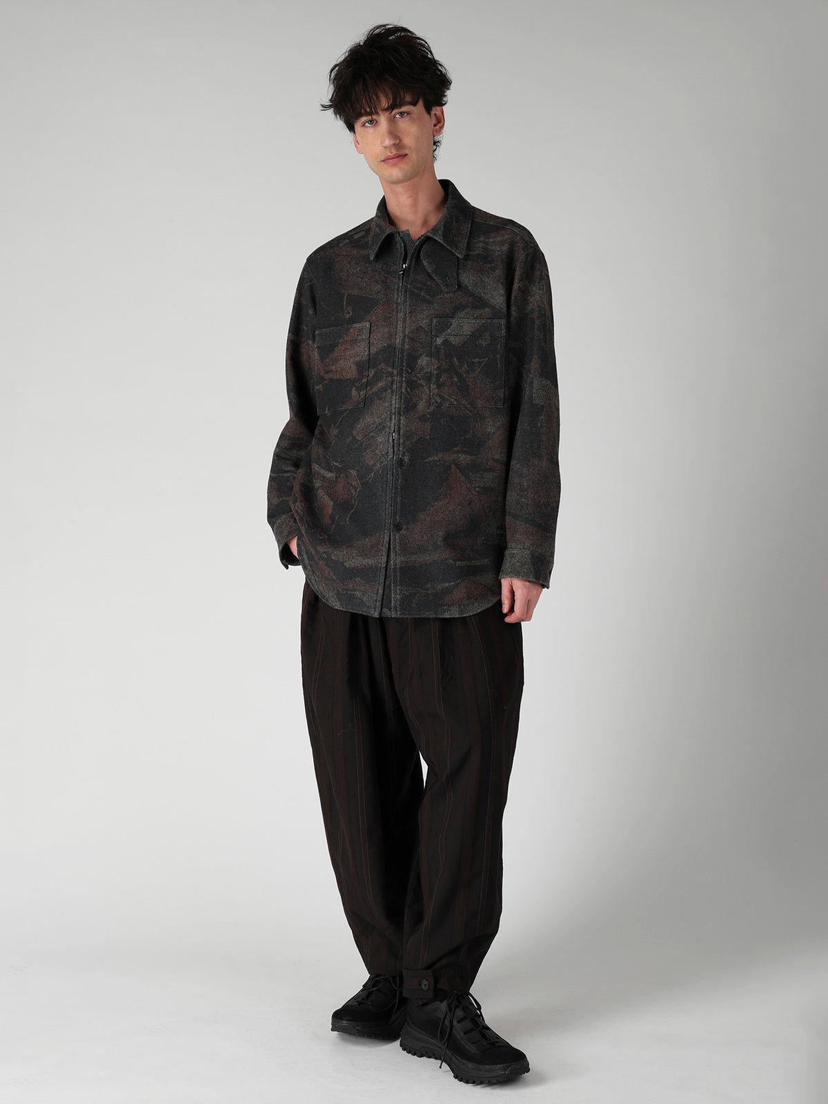 WOOL SATIN ST STRIPE WIDE TUCK PANTS
