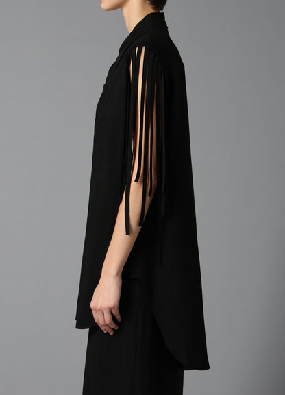 HIGH TWISTED GABARDINE FRINGE BLOUSE