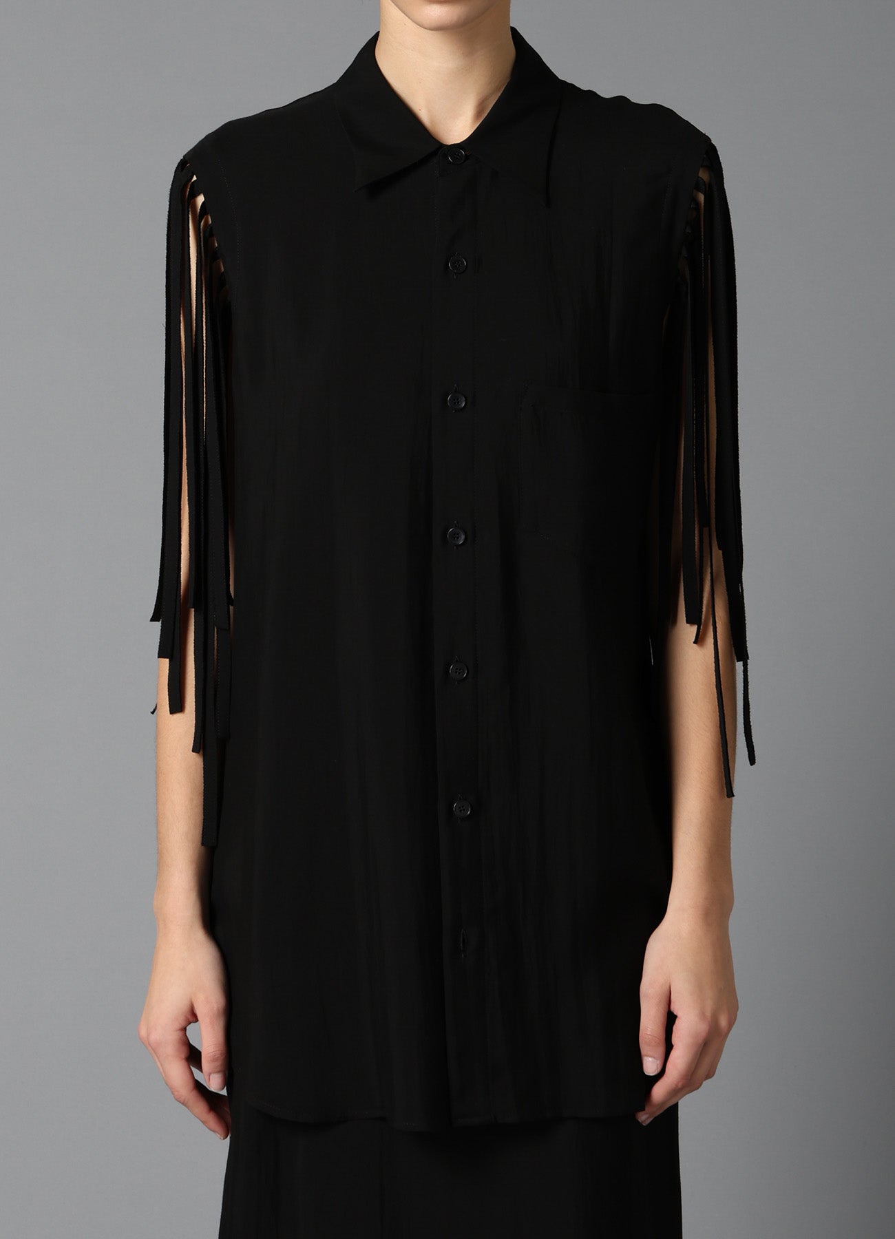 HIGH TWISTED GABARDINE FRINGE BLOUSE