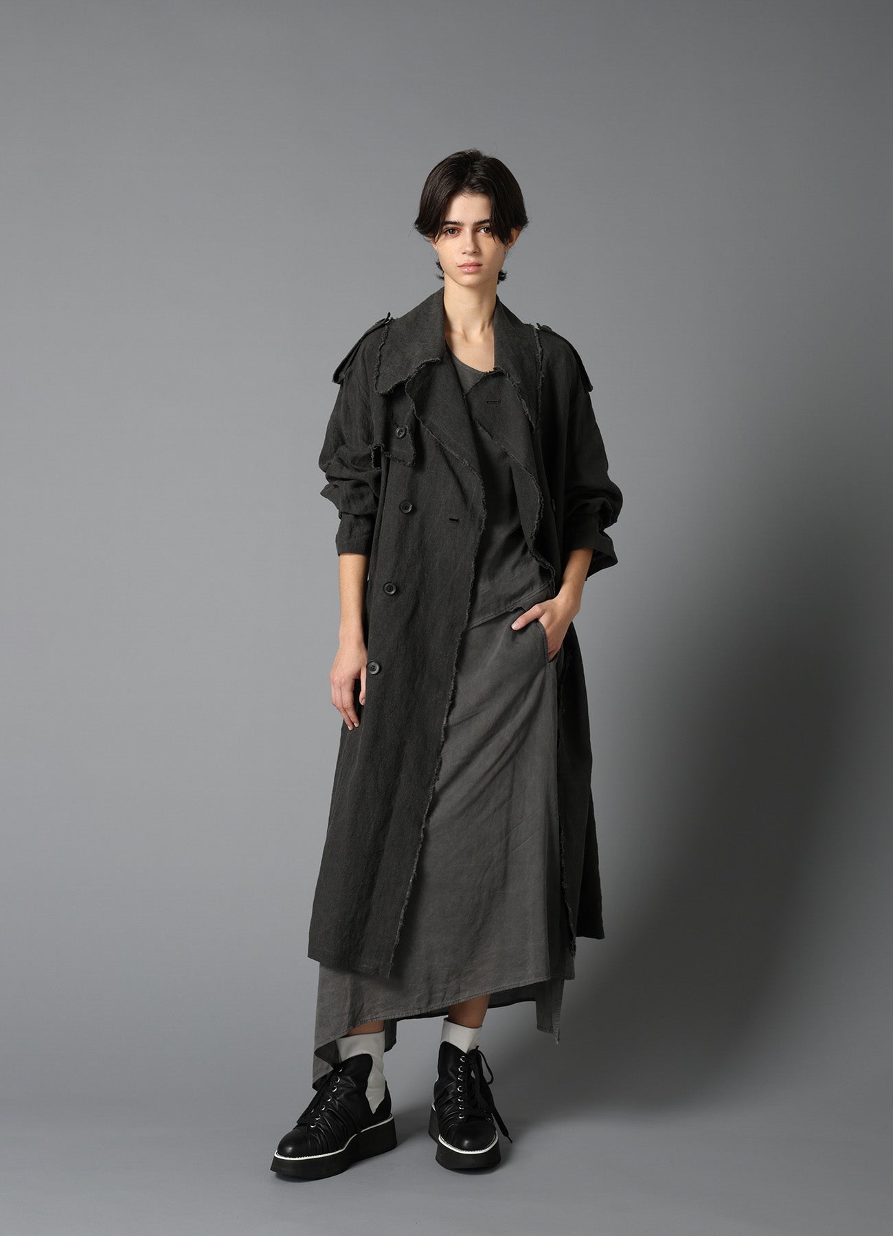 INK DYED LAWN LONG TRENCH COAT