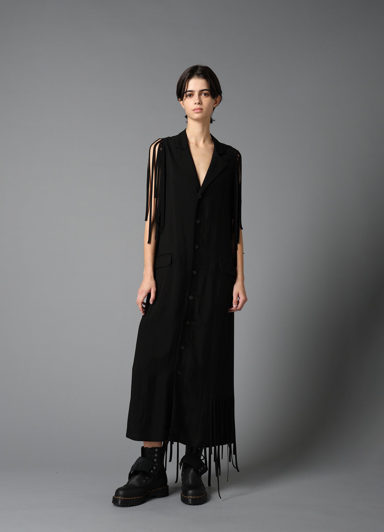 HIGH TWISTED GABARDINE FRINGE DRESS