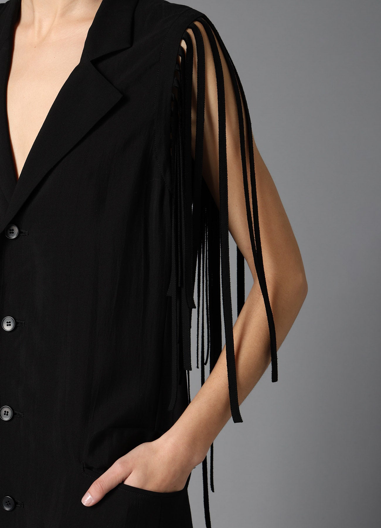 HIGH TWISTED GABARDINE FRINGE DRESS