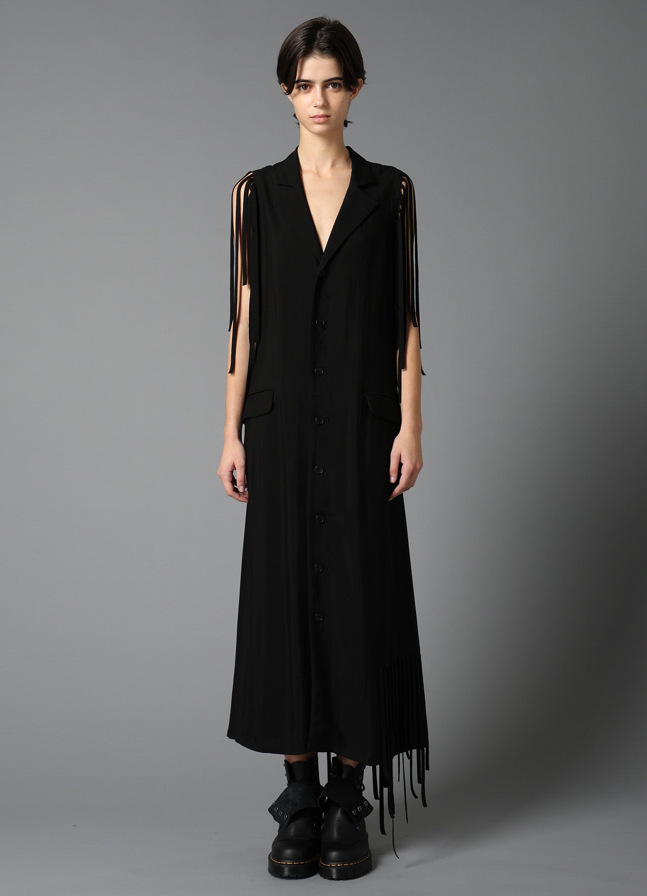 HIGH TWISTED GABARDINE FRINGE DRESS