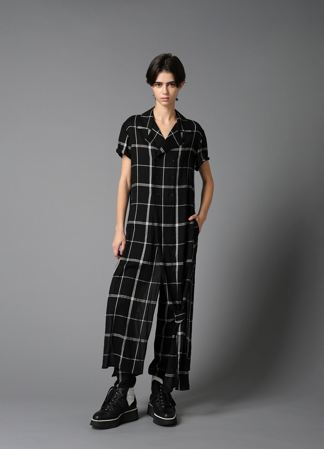 PLAID KHADI DOUBLE FRONT LONG JACKET