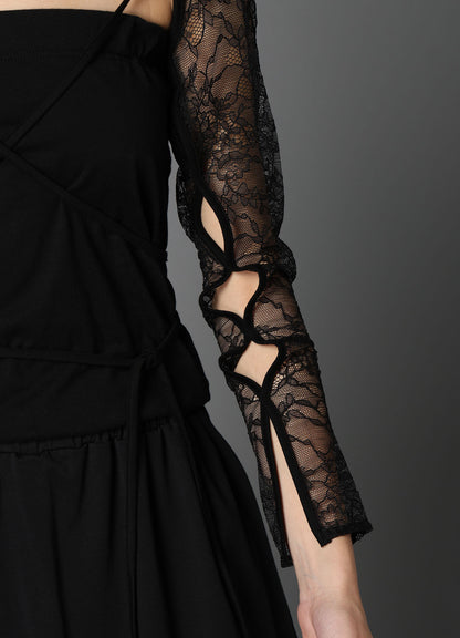 FLOWER LACE+SIGLE JERSEY SLEEVE SLIT BOLERO