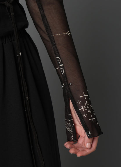 TATTOO PRINTED TULLE SLEEVE SLIT BOLERO