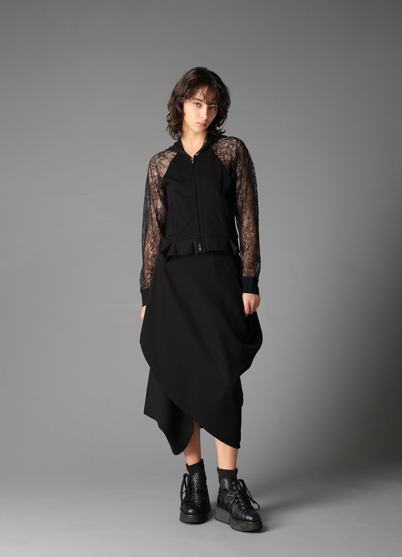 FLOWER LACE+SIGLE JERSEY RAGLAN HOODIE