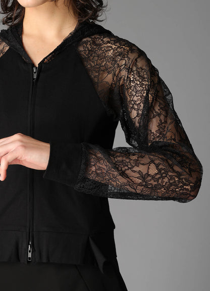 FLOWER LACE+SIGLE JERSEY RAGLAN HOODIE