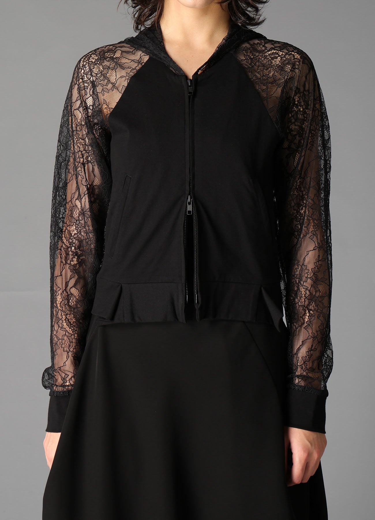 FLOWER LACE+SIGLE JERSEY RAGLAN HOODIE