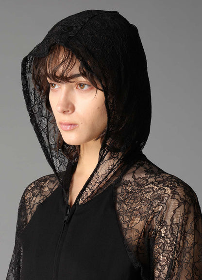 FLOWER LACE+SIGLE JERSEY RAGLAN HOODIE