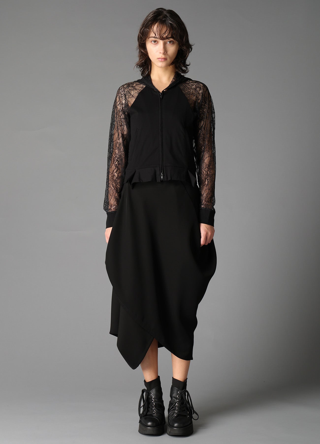 FLOWER LACE+SIGLE JERSEY RAGLAN HOODIE