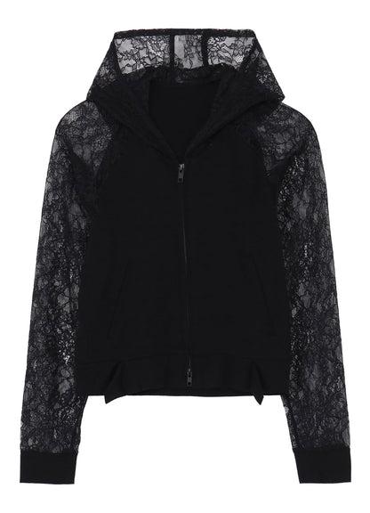 FLOWER LACE+SIGLE JERSEY RAGLAN HOODIE