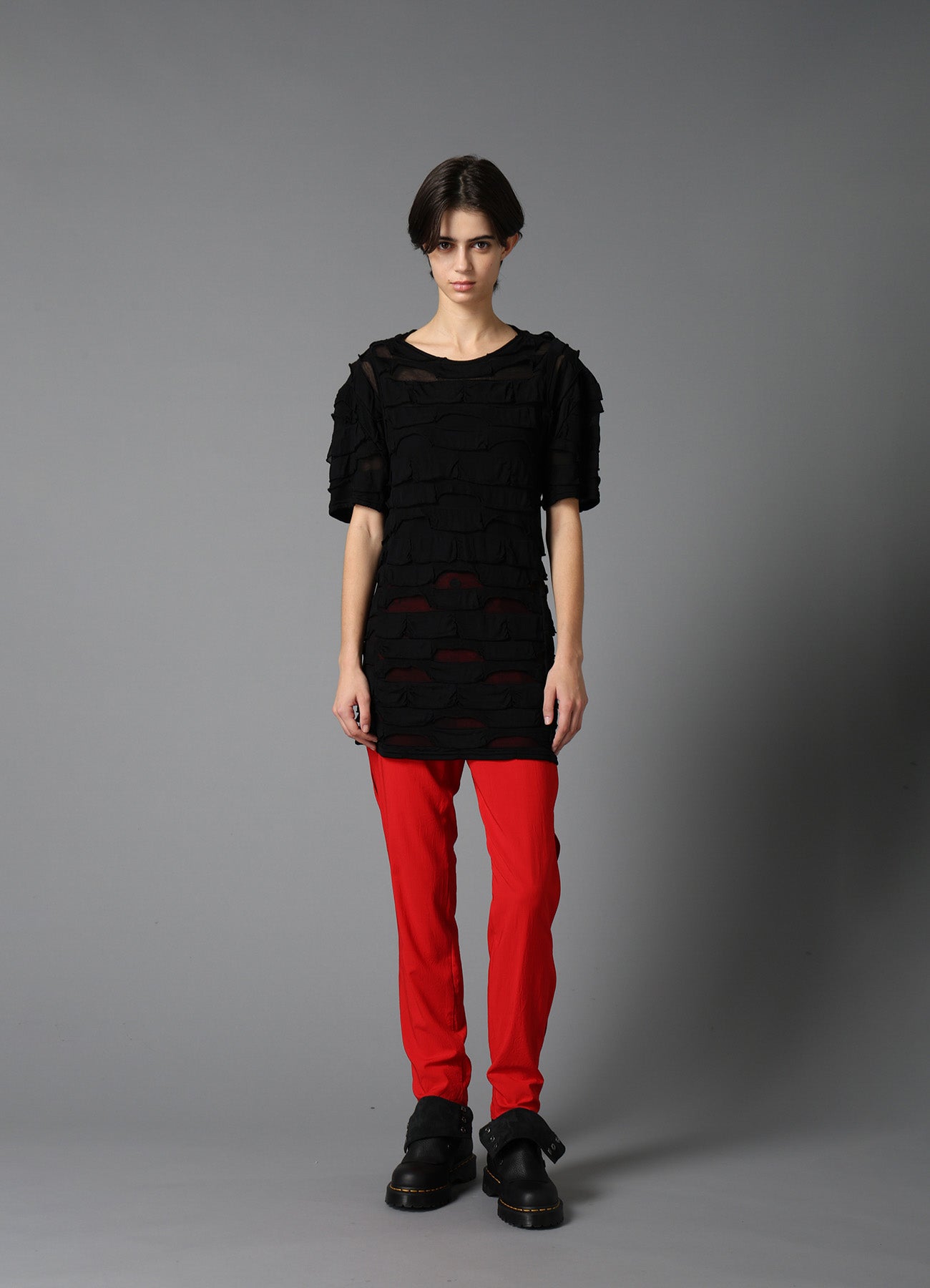 FRILL JACQUARD PANEL DESIGN LONG SLEEVE TEE