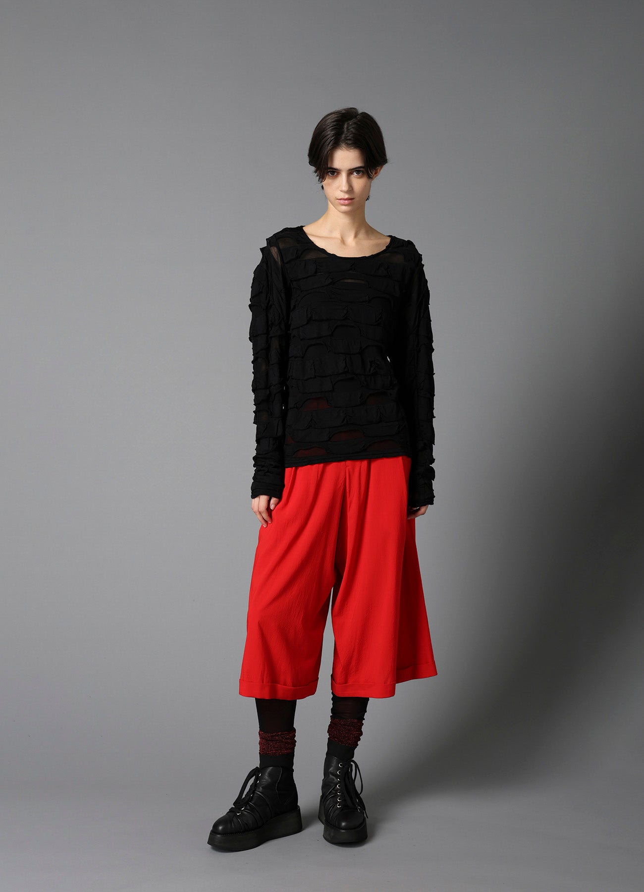 FRILLED JACQUARD  PANEL DESIGN LONG SLEEVE TEE