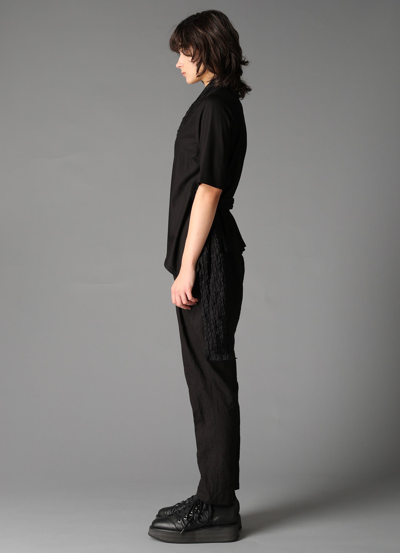 SINGLE JERSEY+SHRINKED LACE SCARF DETAIL SHORT CARDIGAN