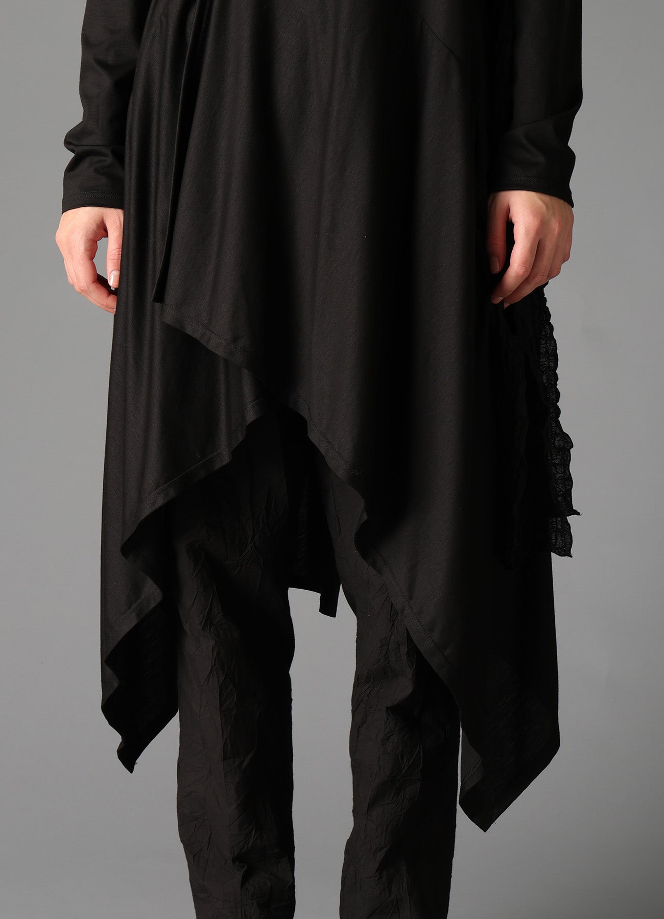 SINGLE JERSEY+SHRINKED LACE SCARF DETAIL LONG CARDIGAN A