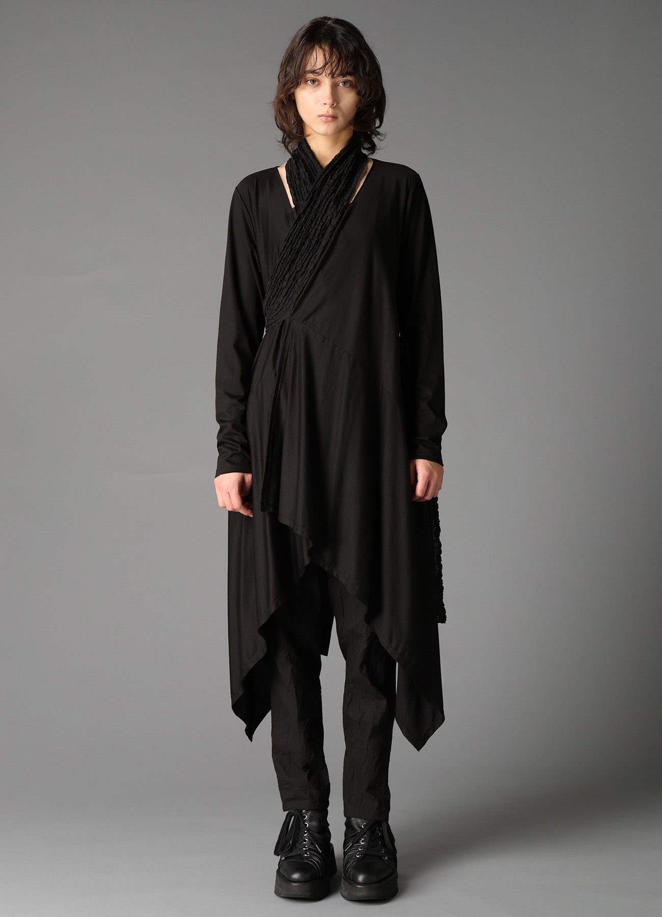 SINGLE JERSEY+SHRINKED LACE SCARF DETAIL LONG CARDIGAN A – THE