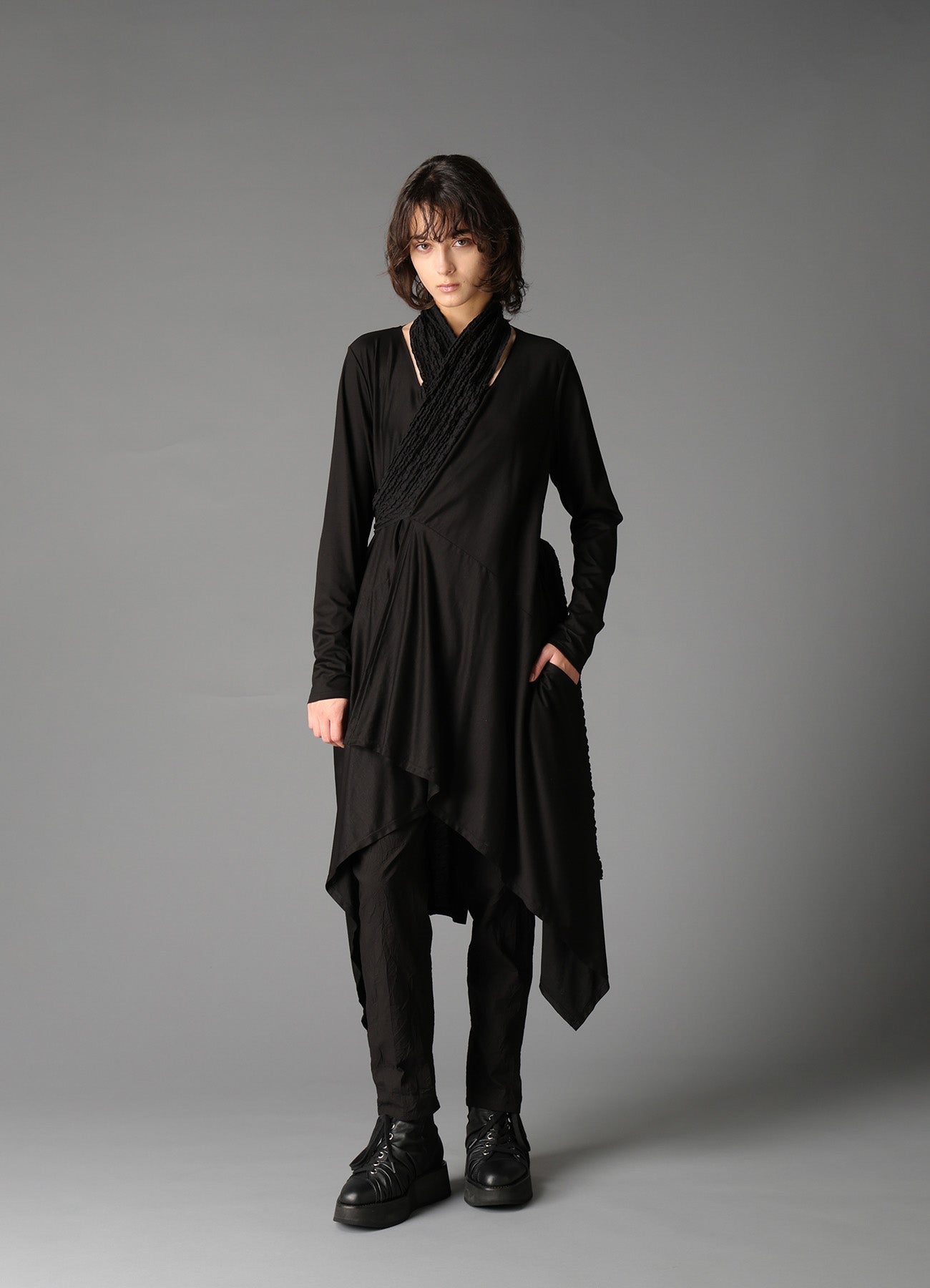 SINGLE JERSEY+SHRINKED LACE SCARF DETAIL LONG CARDIGAN A
