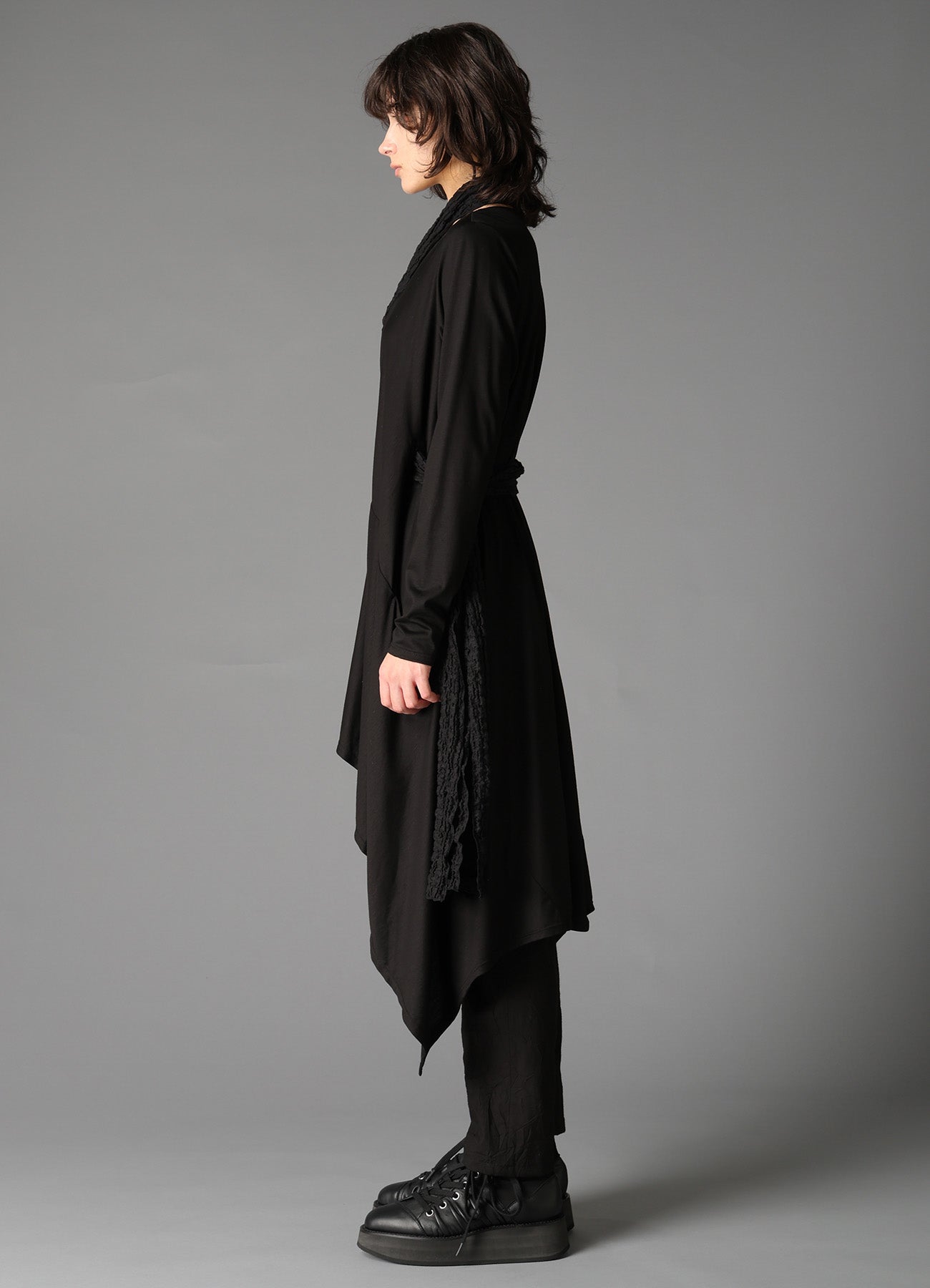 SINGLE JERSEY+SHRINKED LACE SCARF DETAIL LONG CARDIGAN A – THE