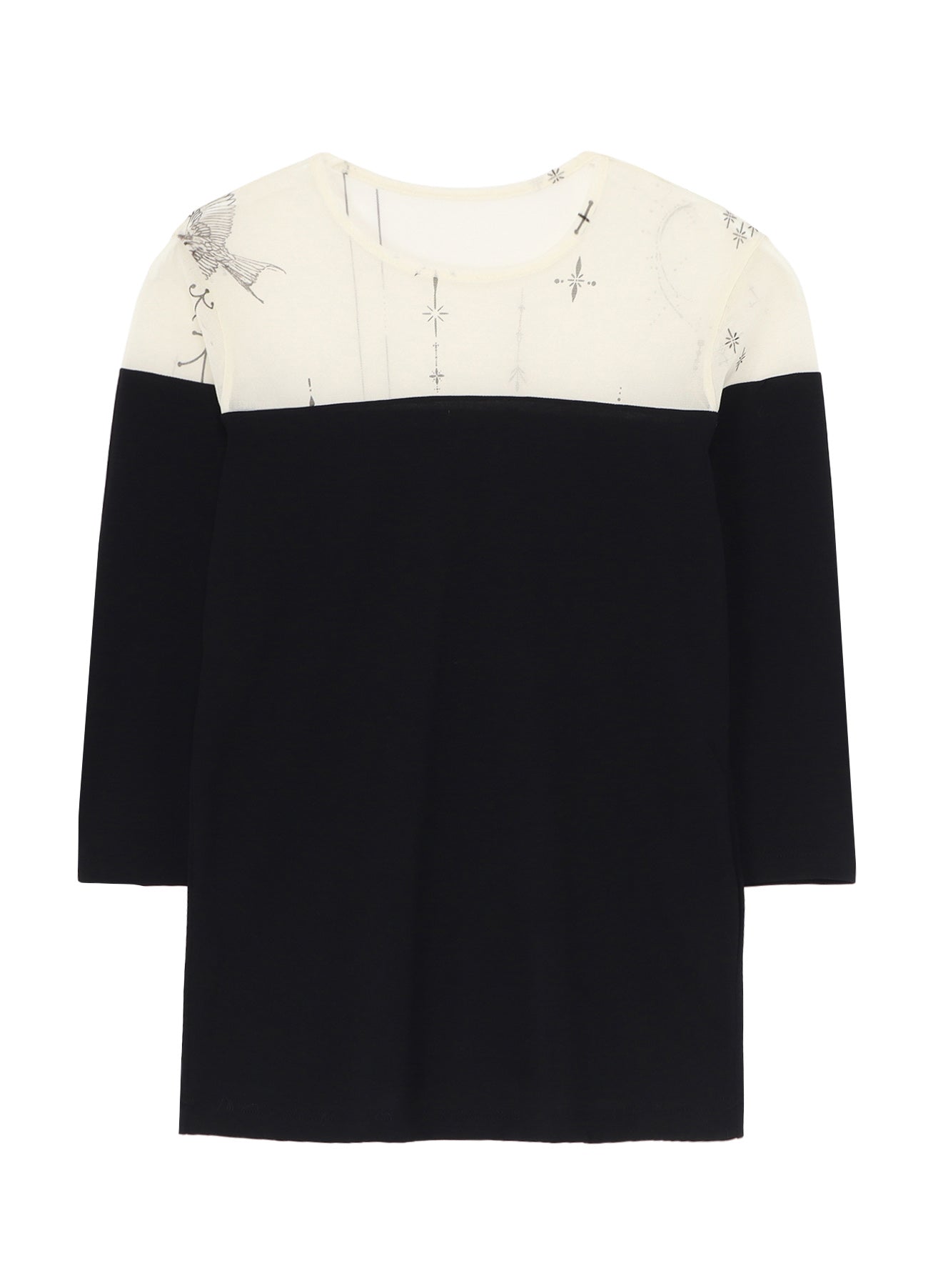 TATTOO PRINT+SINGLE JERSEY PANEL 3/4 SLEEVE TEE