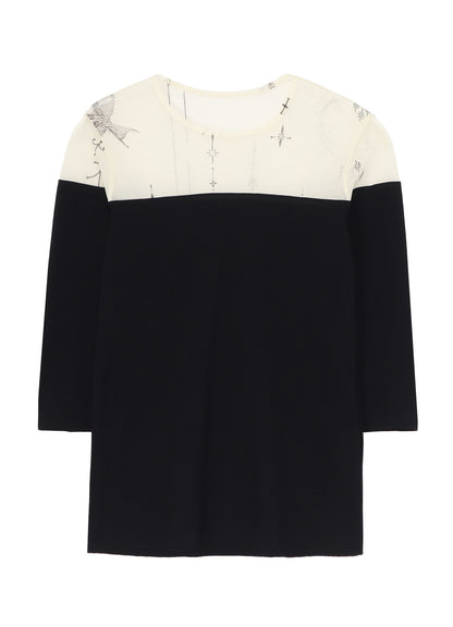 TATTOO PRINT+SINGLE JERSEY PANEL 3/4 SLEEVE TEE