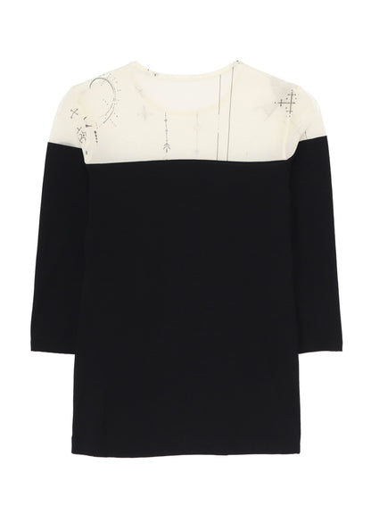 TATTOO PRINT+SINGLE JERSEY PANEL 3/4 SLEEVE TEE