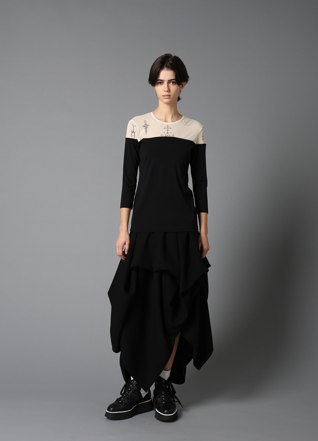 TATTOO PRINT+SINGLE JERSEY PANEL 3/4 SLEEVE TEE