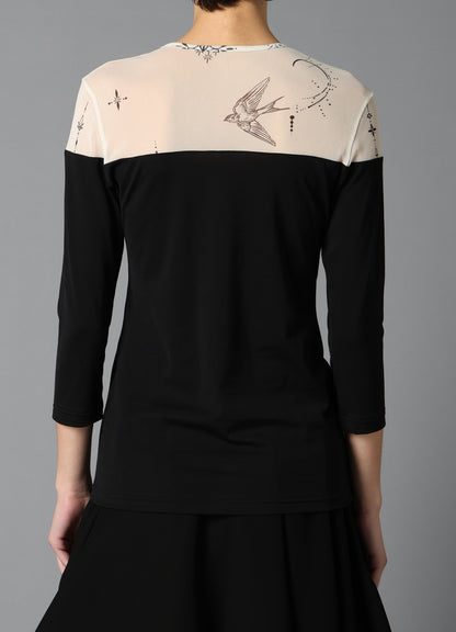 TATTOO PRINT+SINGLE JERSEY PANEL 3/4 SLEEVE TEE