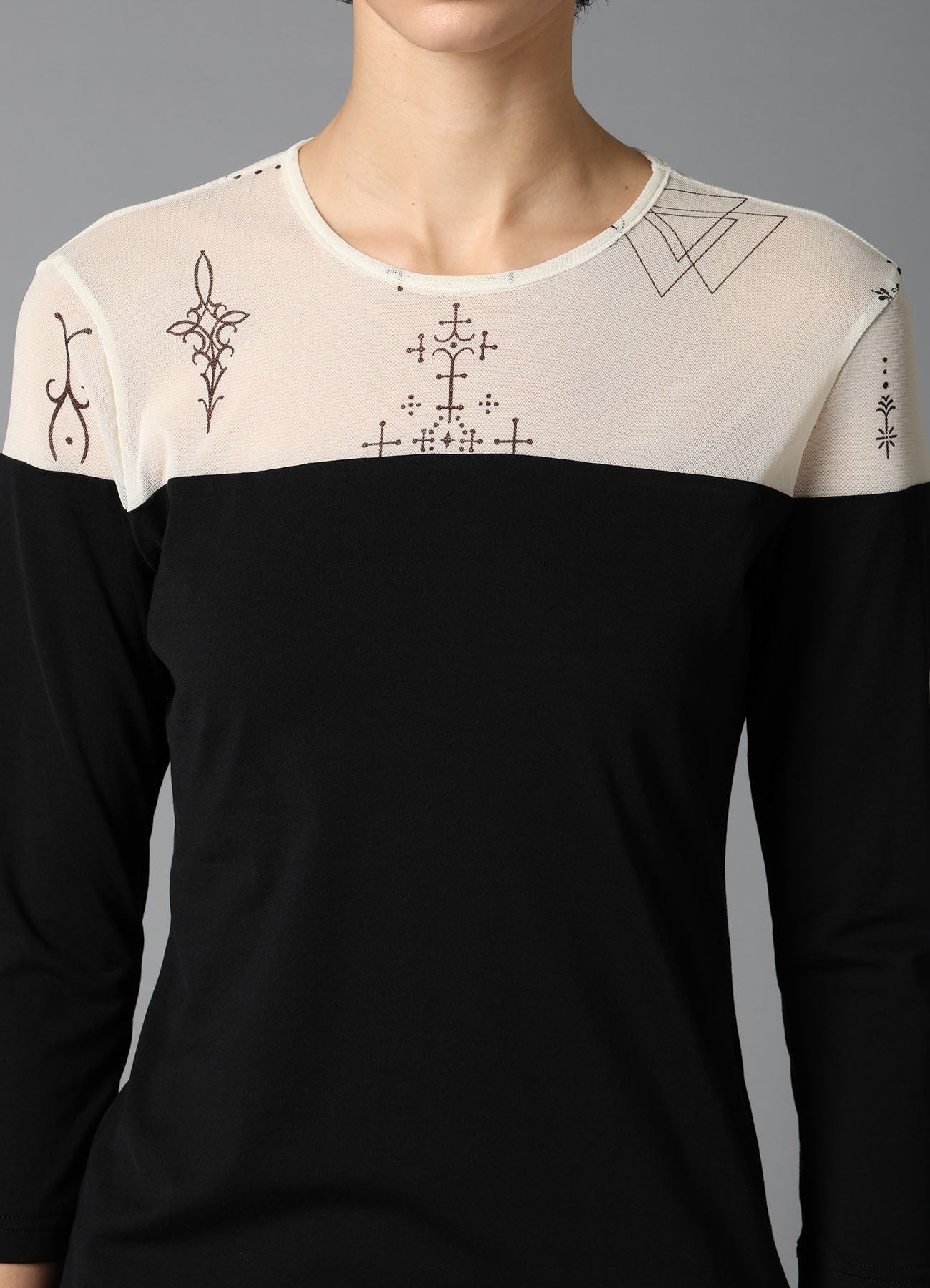 TATTOO PRINT+SINGLE JERSEY PANEL 3/4 SLEEVE TEE