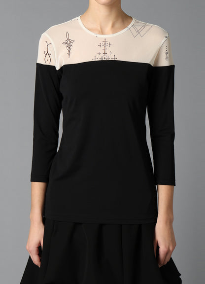TATTOO PRINT+SINGLE JERSEY PANEL 3/4 SLEEVE TEE