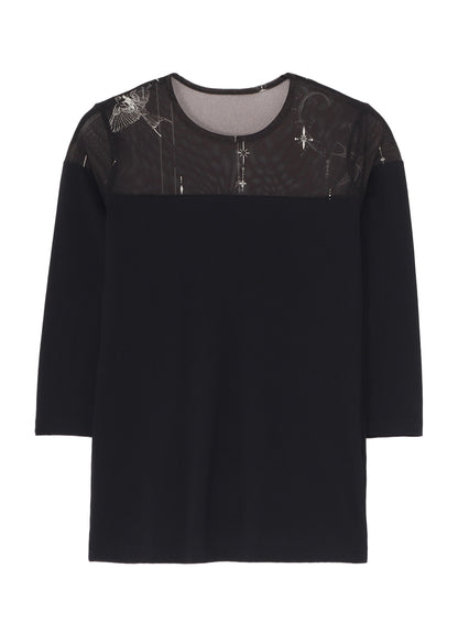 TATTOO PRINT+SINGLE JERSEY PANEL 3/4 SLEEVE TEE