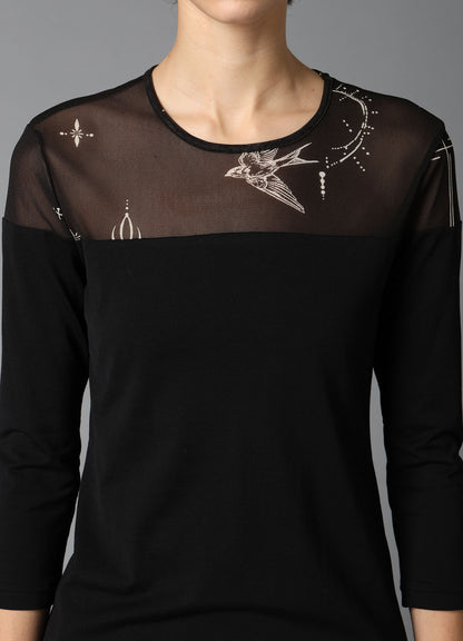 TATTOO PRINT+SINGLE JERSEY PANEL 3/4 SLEEVE TEE