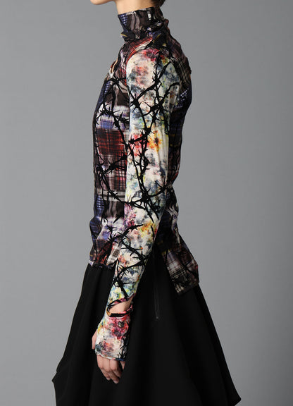 CHECK + FLORAL COMBINATION SLIT HIGH NECK T-SHIRT