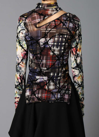CHECK + FLORAL COMBINATION SLIT HIGH NECK T-SHIRT