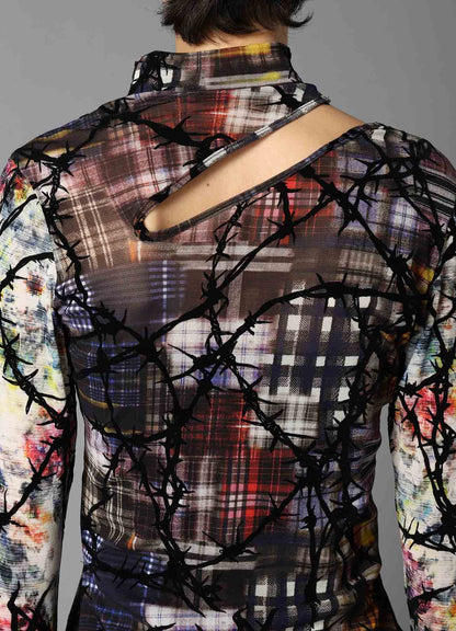 CHECK + FLORAL COMBINATION SLIT HIGH NECK T-SHIRT