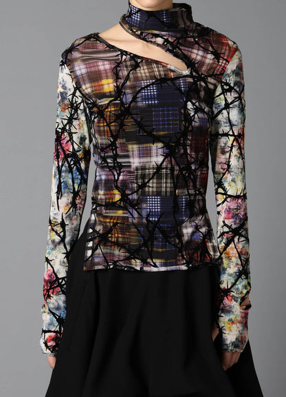 CHECK + FLORAL COMBINATION SLIT HIGH NECK T-SHIRT