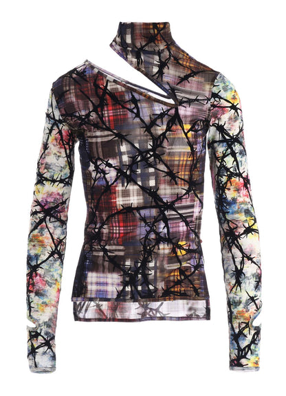 CHECK + FLORAL COMBINATION SLIT HIGH NECK T-SHIRT