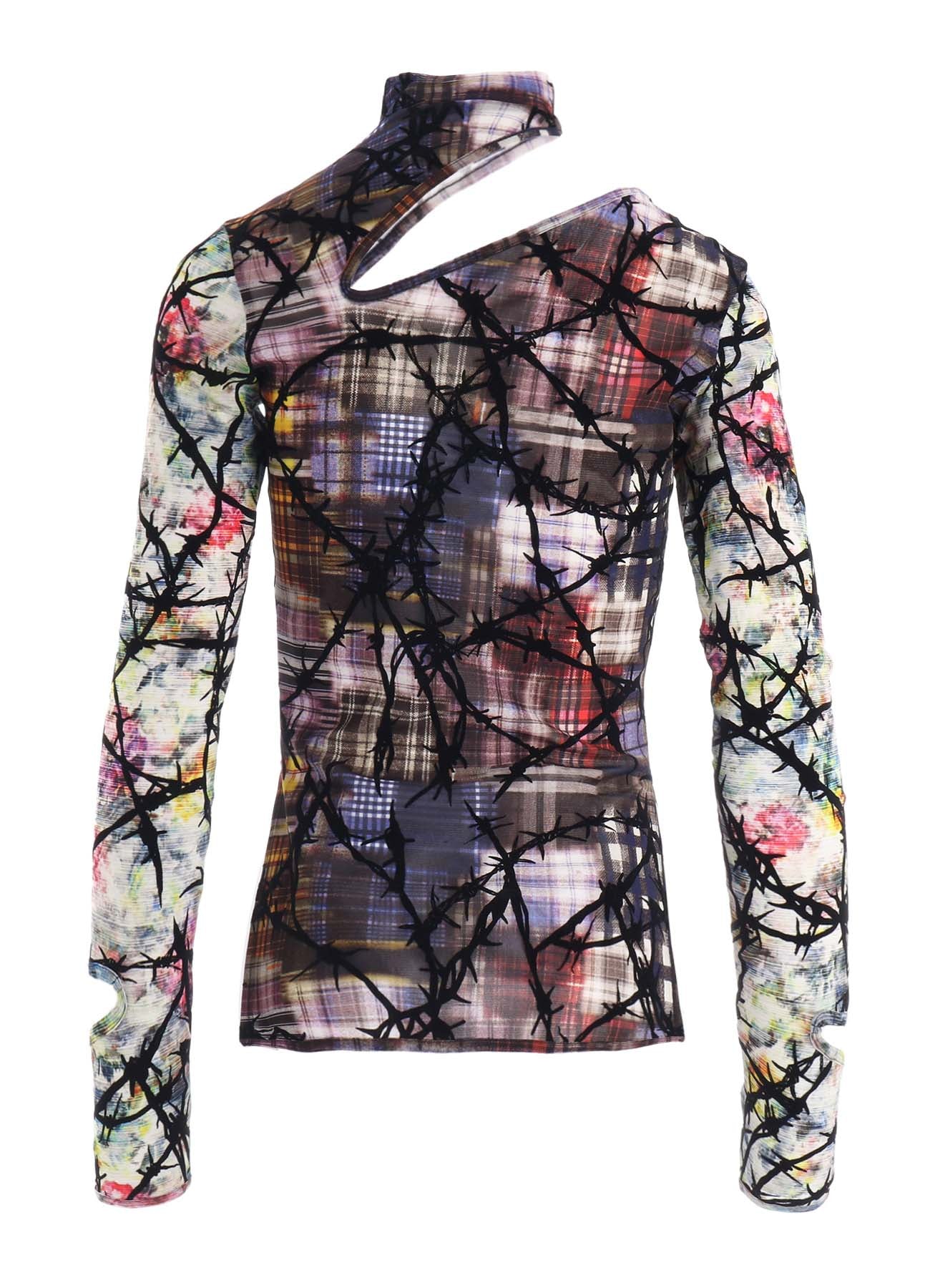 CHECK + FLORAL COMBINATION SLIT HIGH NECK T-SHIRT