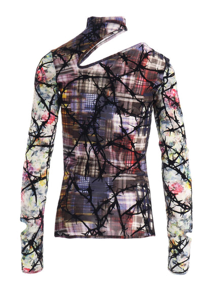 CHECK + FLORAL COMBINATION SLIT HIGH NECK T-SHIRT