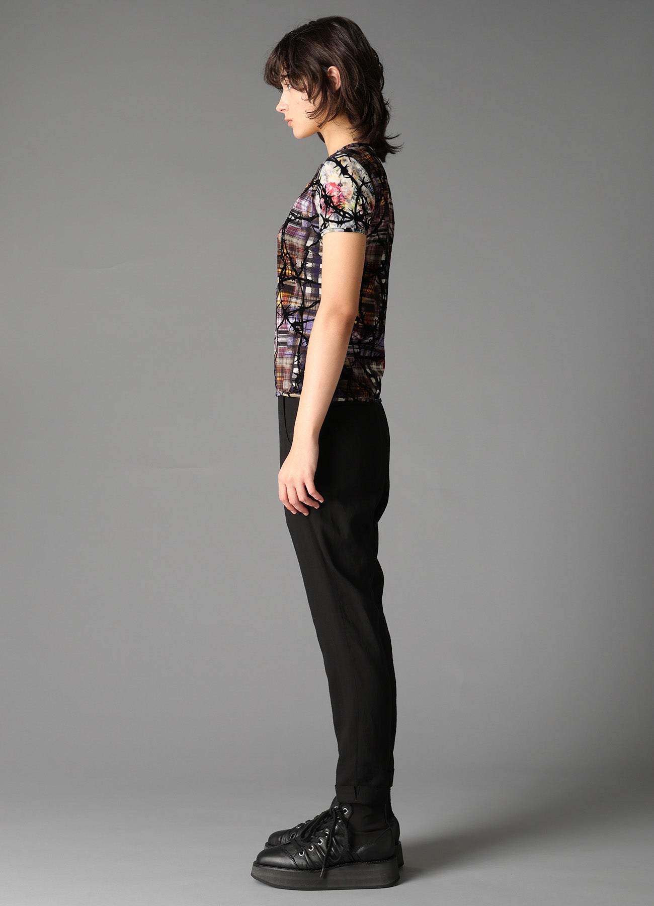 CHECK + FLORAL COMBINATION TIGHT SHORT SLEEVE T-SHIRT