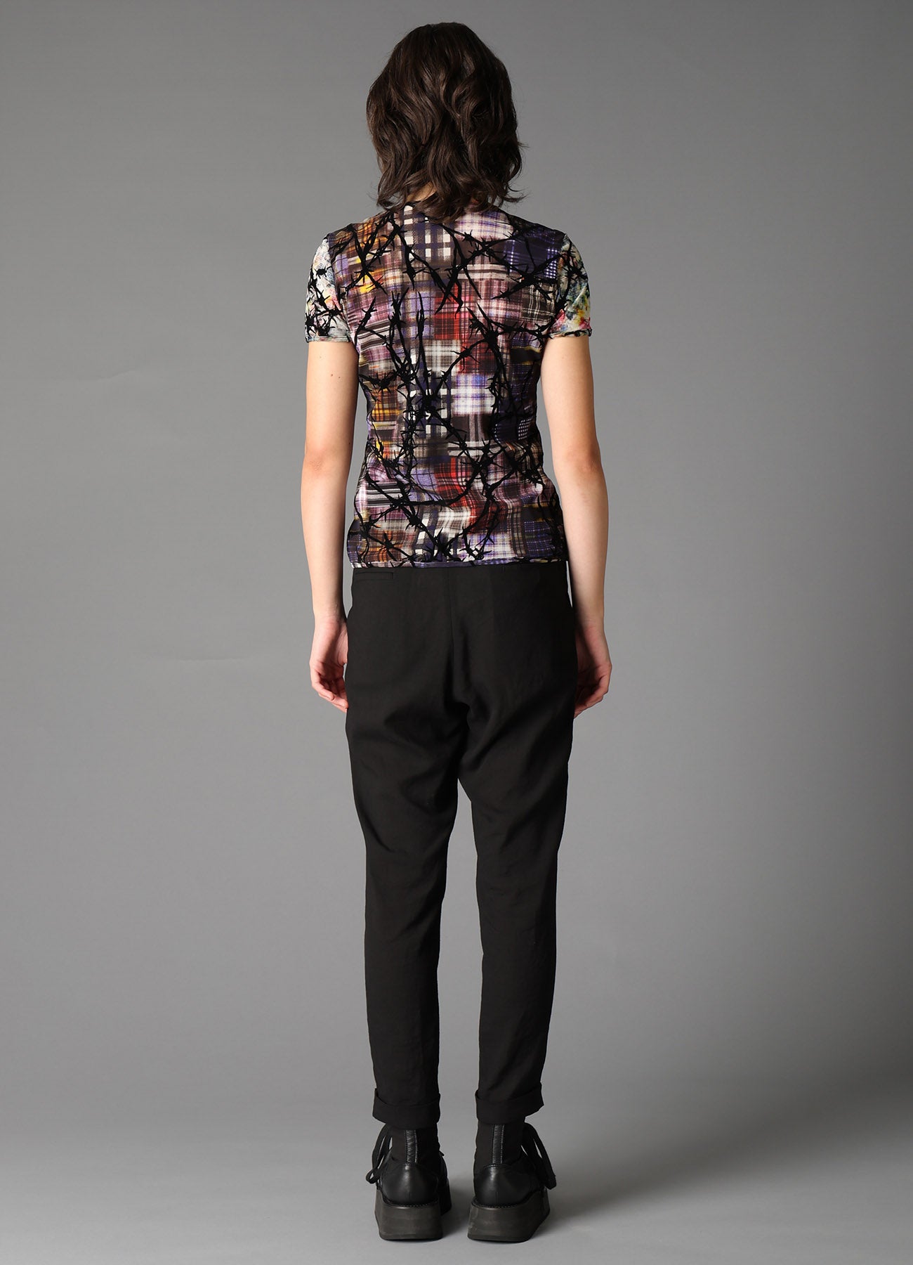 CHECK + FLORAL COMBINATION TIGHT SHORT SLEEVE T-SHIRT