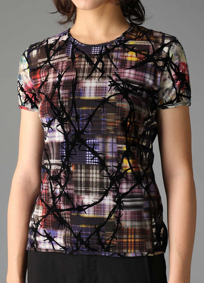 CHECK + FLORAL COMBINATION TIGHT SHORT SLEEVE T-SHIRT