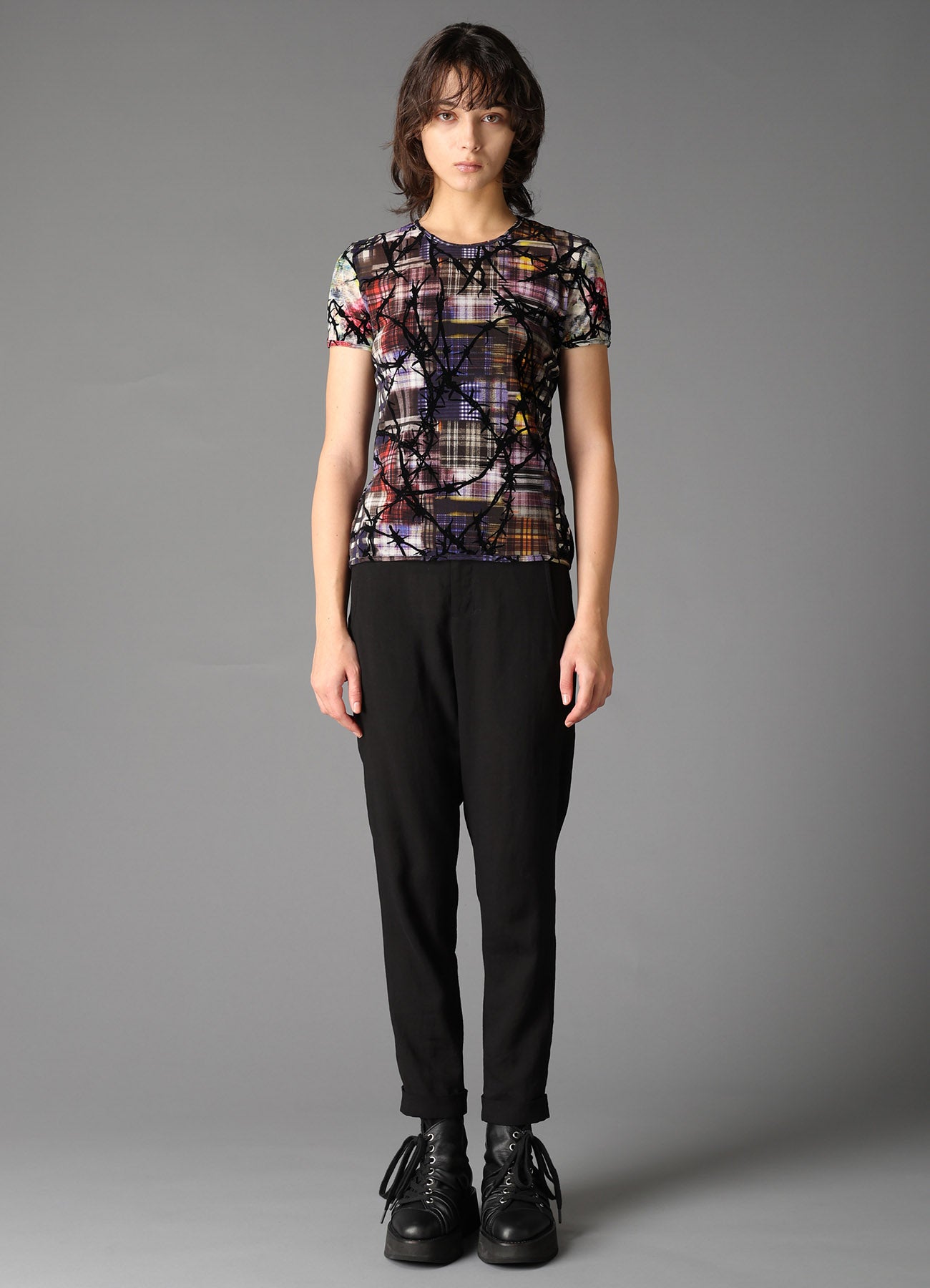 CHECK + FLORAL COMBINATION TIGHT SHORT SLEEVE T-SHIRT